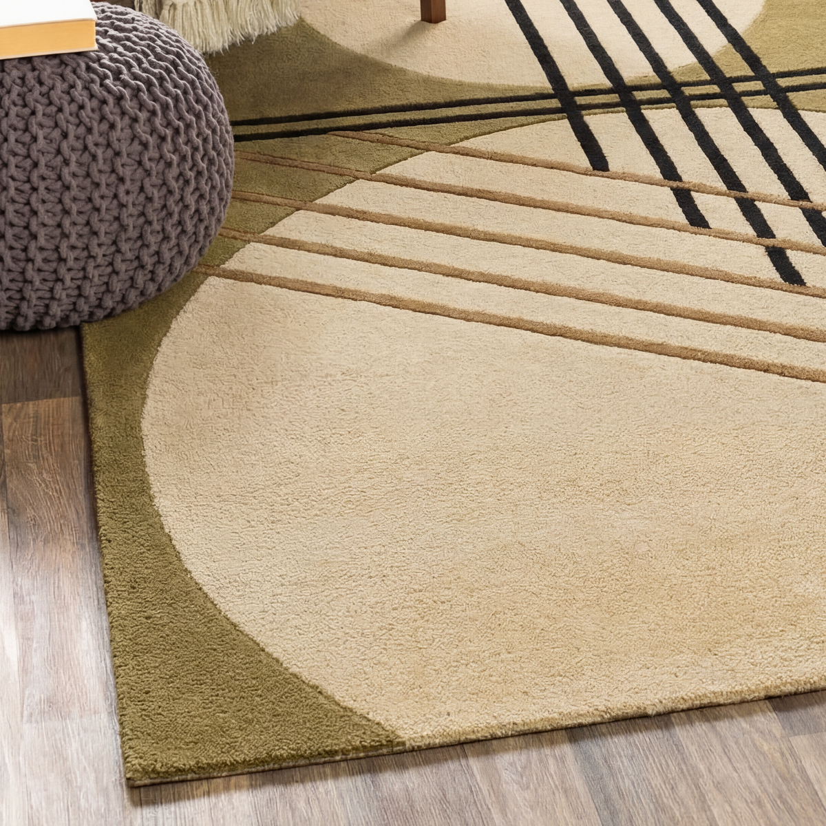 Intersect – Olive & Beige Linear Abstract Area Rug | Haus of Weaves