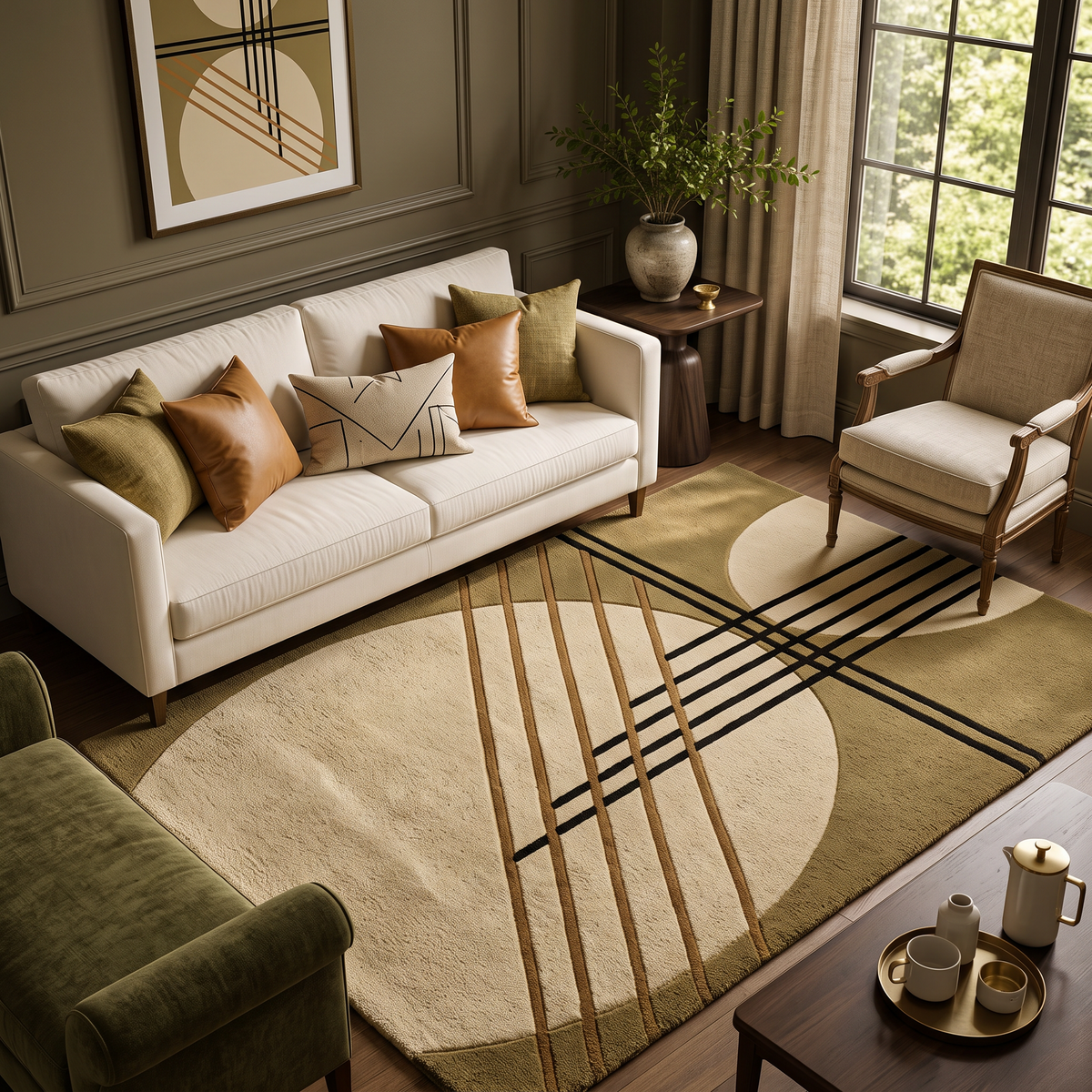Intersect – Olive & Beige Linear Abstract Area Rug | Haus of Weaves