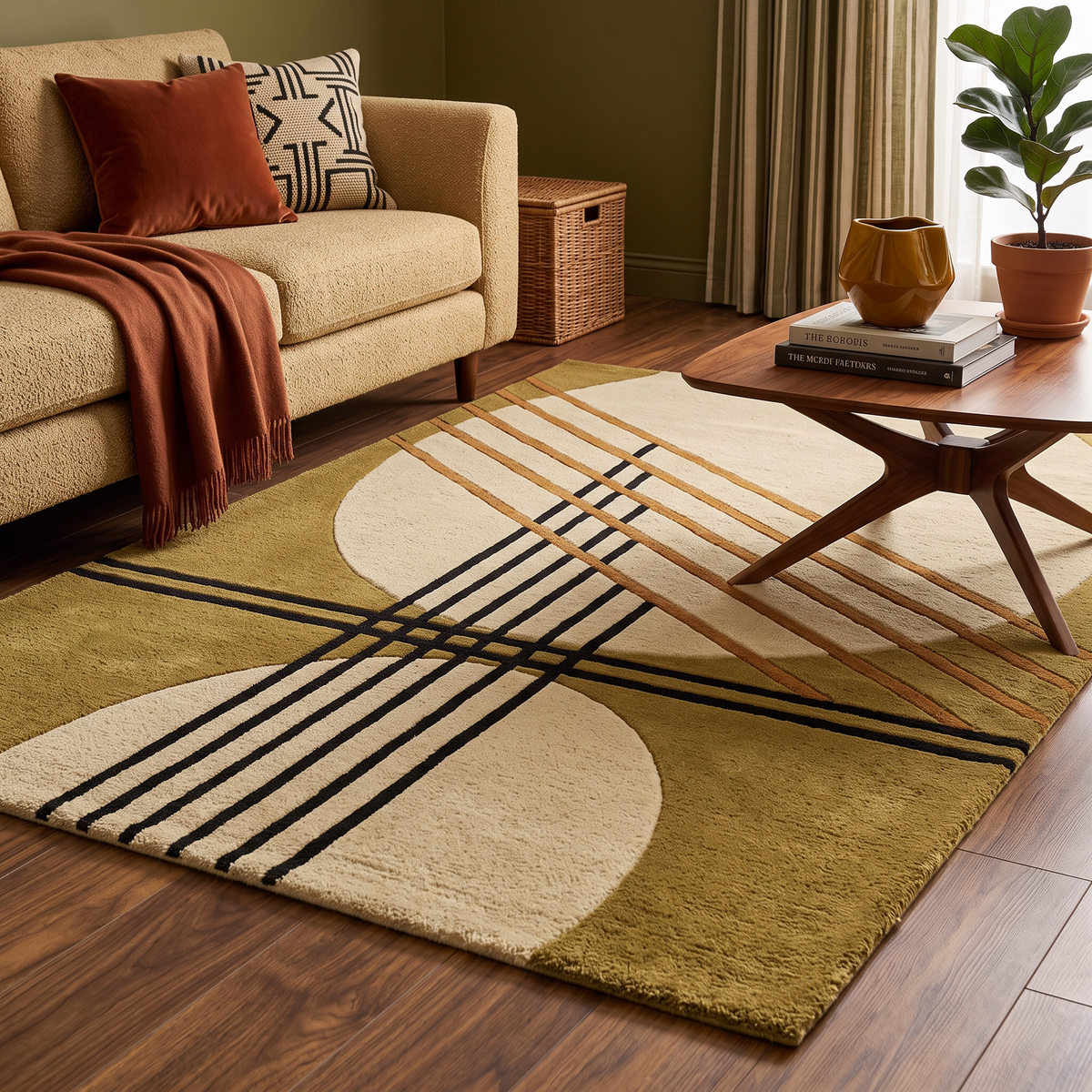 Intersect – Olive & Beige Linear Abstract Area Rug | Haus of Weaves
