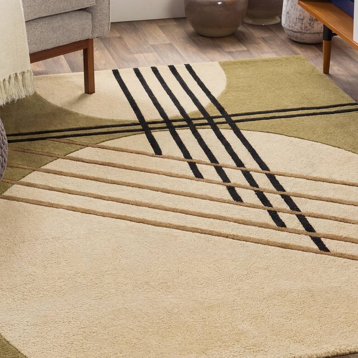 Intersect – Olive & Beige Linear Abstract Area Rug | Haus of Weaves