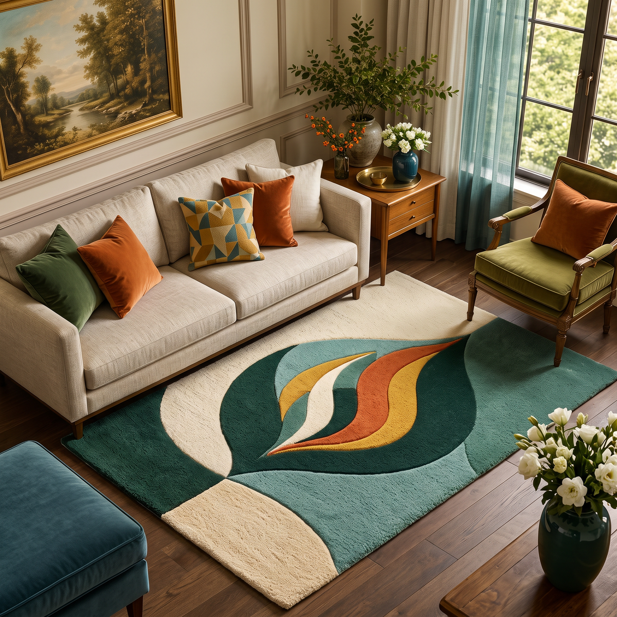 Verdant Flame – Green & Terracotta Organic Abstract Area Rug | Haus of Weaves