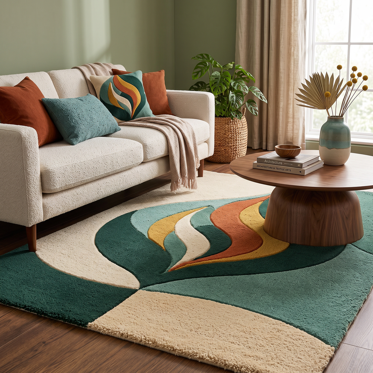Verdant Flame – Green & Terracotta Organic Abstract Area Rug | Haus of Weaves
