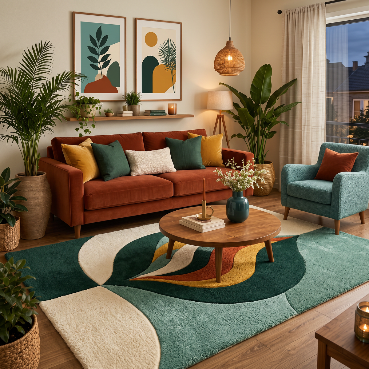 Verdant Flame – Green & Terracotta Organic Abstract Area Rug | Haus of Weaves