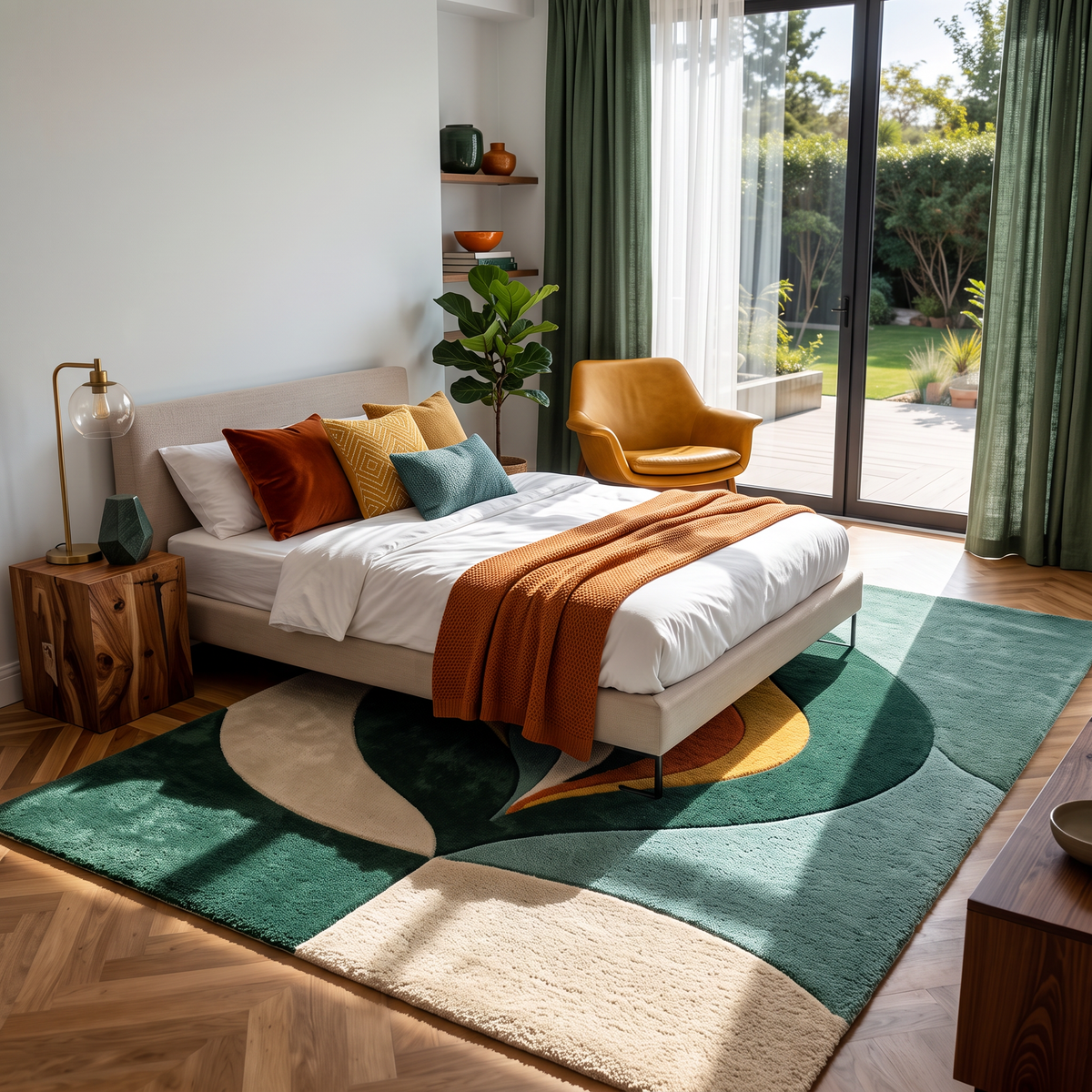 Verdant Flame – Green & Terracotta Organic Abstract Area Rug | Haus of Weaves