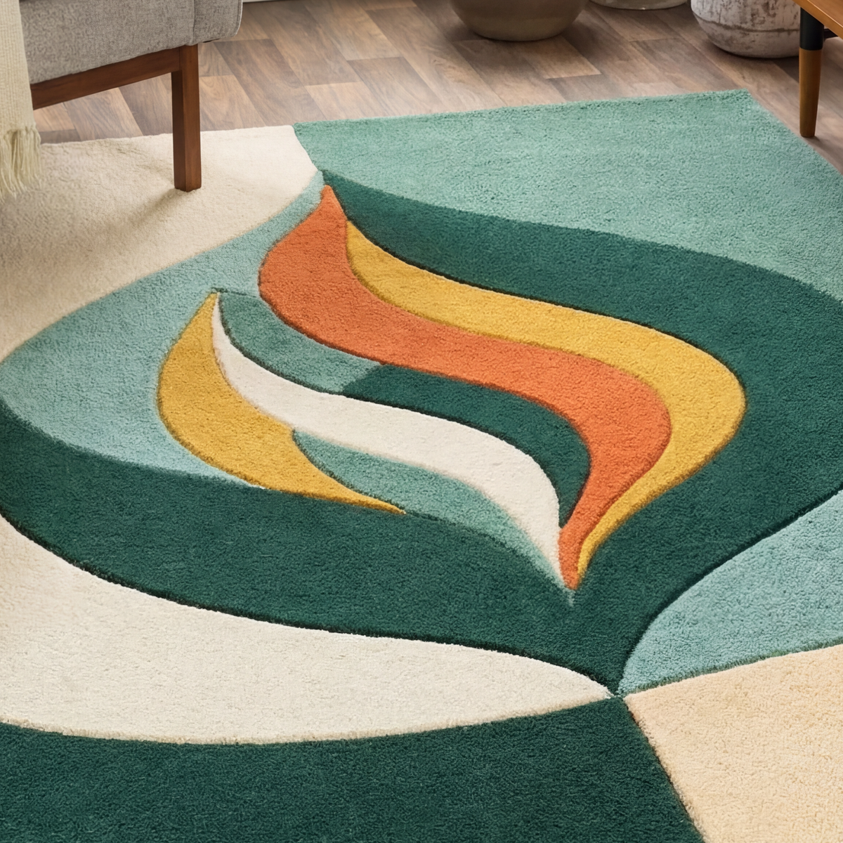 Verdant Flame – Green & Terracotta Organic Abstract Area Rug | Haus of Weaves