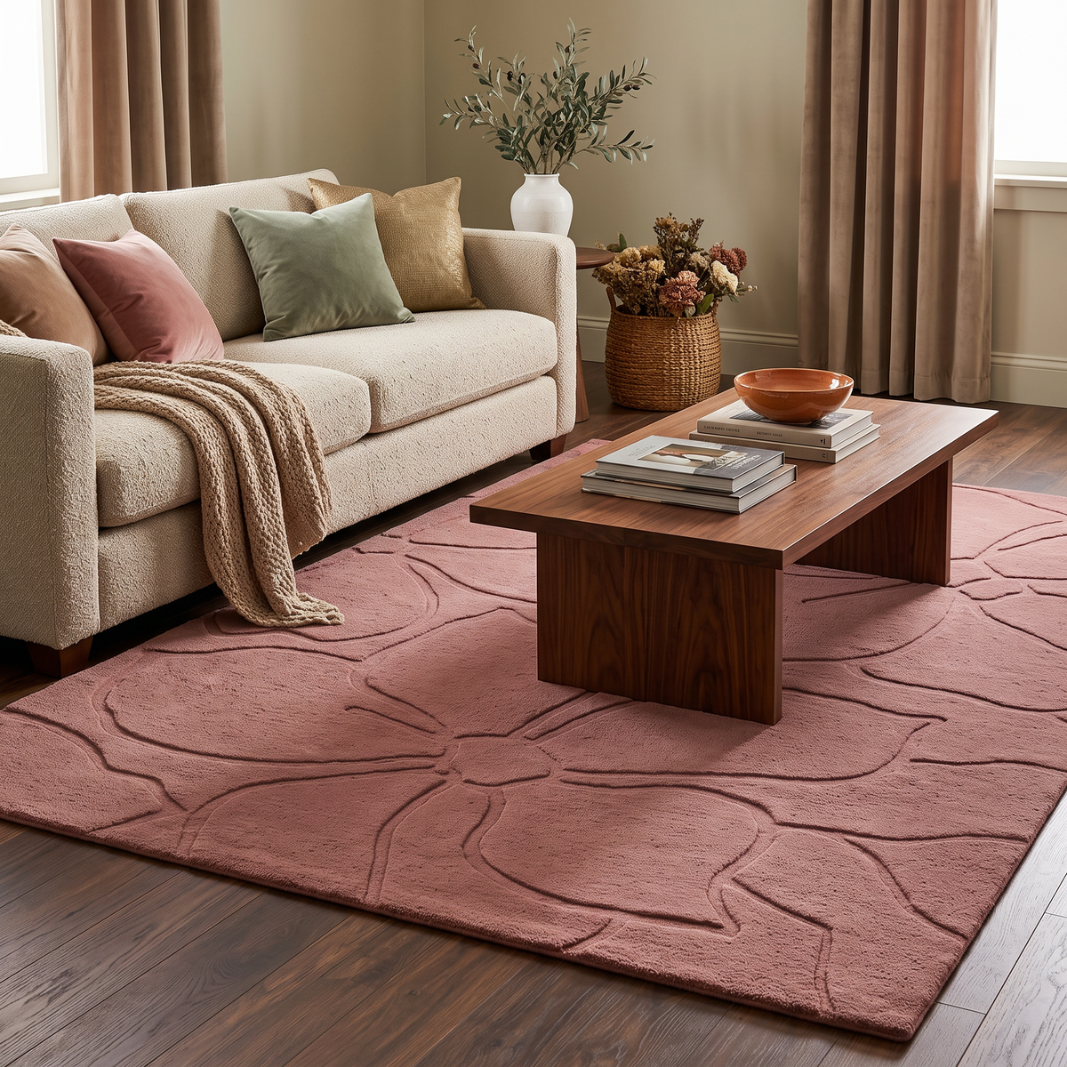 Petal Flow – Dusty Rose Sculpted Floral Area Rug | Haus of Weaves