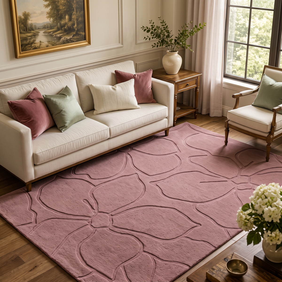 Petal Flow – Dusty Rose Sculpted Floral Area Rug | Haus of Weaves