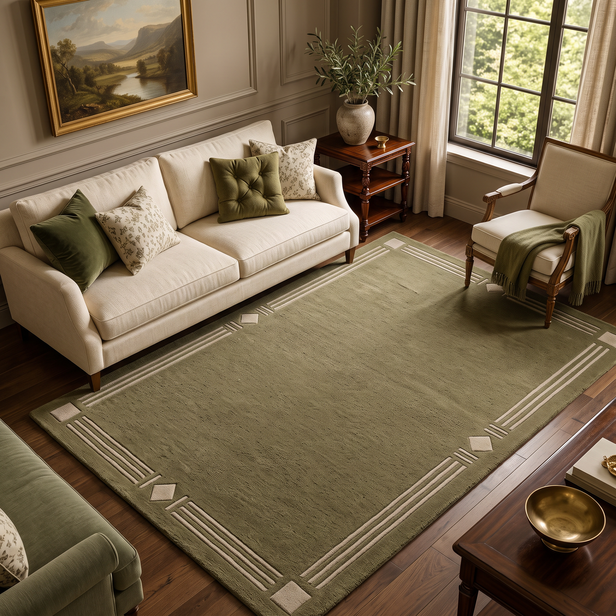 Olive Deco – Olive Green & Cream Art Deco Geometric Area Rug | Haus of Weaves