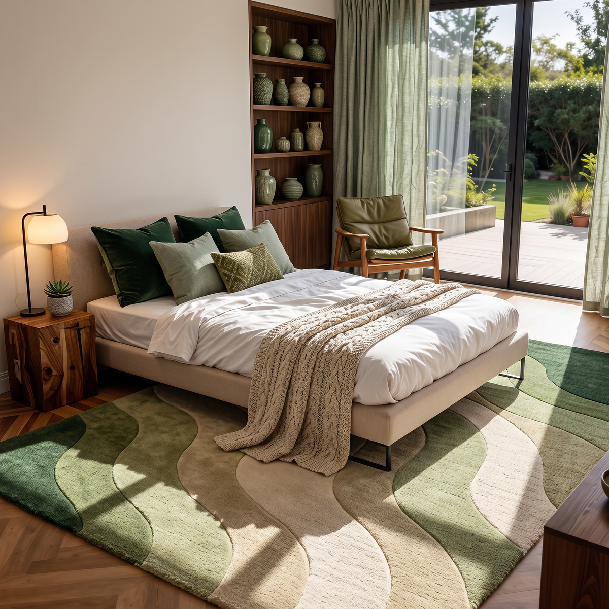Verdant Wave – Sage Green & Cream Wavy Abstract Area Rug | Haus of Weaves