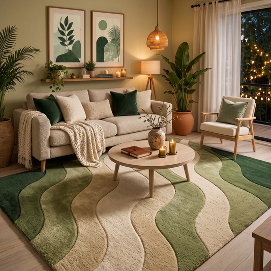 Verdant Wave – Sage Green & Cream Wavy Abstract Area Rug | Haus of Weaves