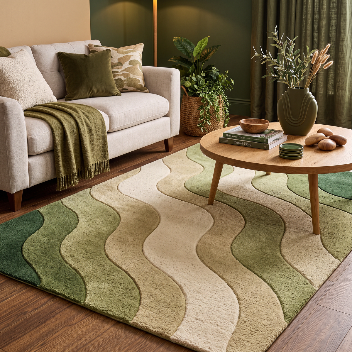 Verdant Wave – Sage Green & Cream Wavy Abstract Area Rug | Haus of Weaves