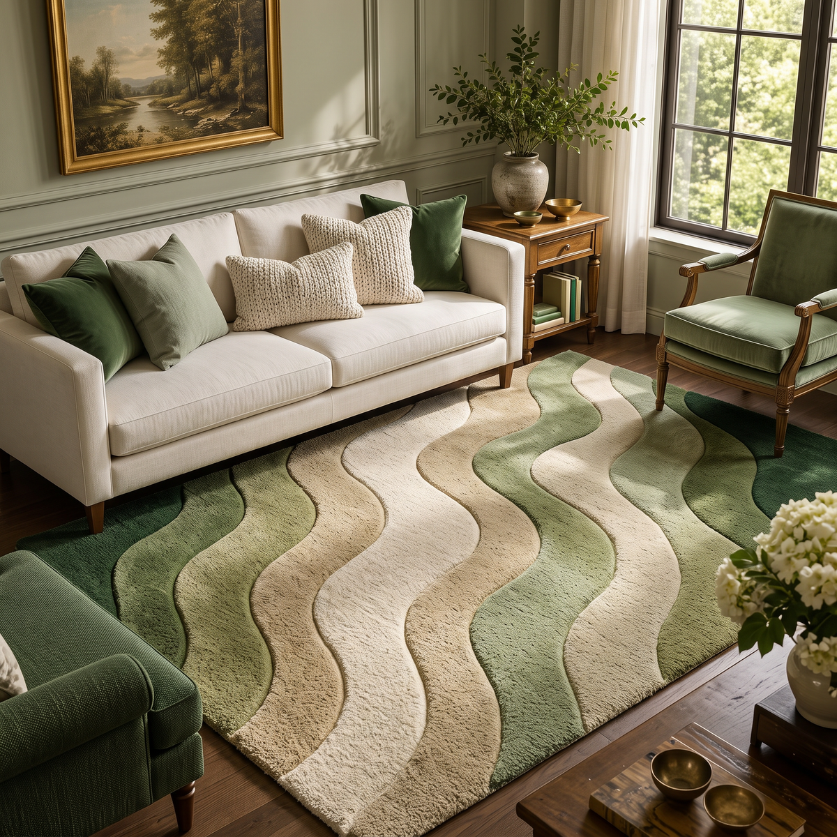 Verdant Wave – Sage Green & Cream Wavy Abstract Area Rug | Haus of Weaves