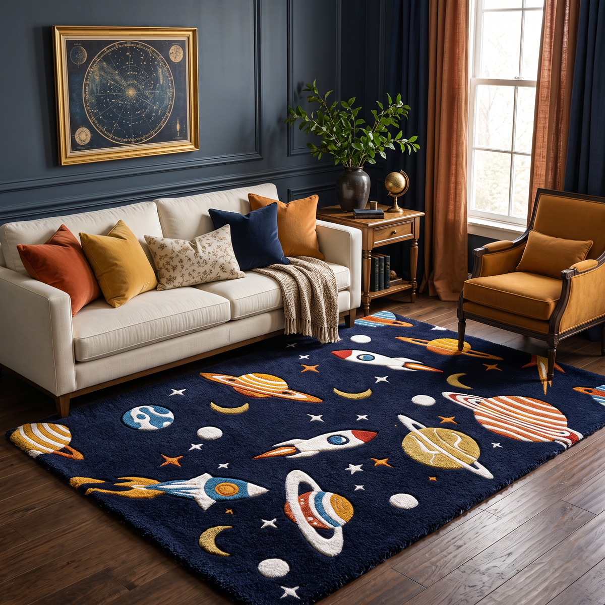 Navy Blue Space Kids Wool Celestial Hand-Tufted Rug – Space Explorer | Haus of Weaves