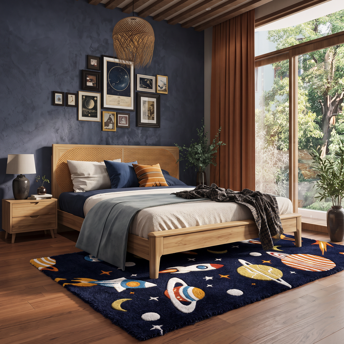 Navy Blue Space Kids Wool Celestial Hand-Tufted Rug – Space Explorer | Haus of Weaves