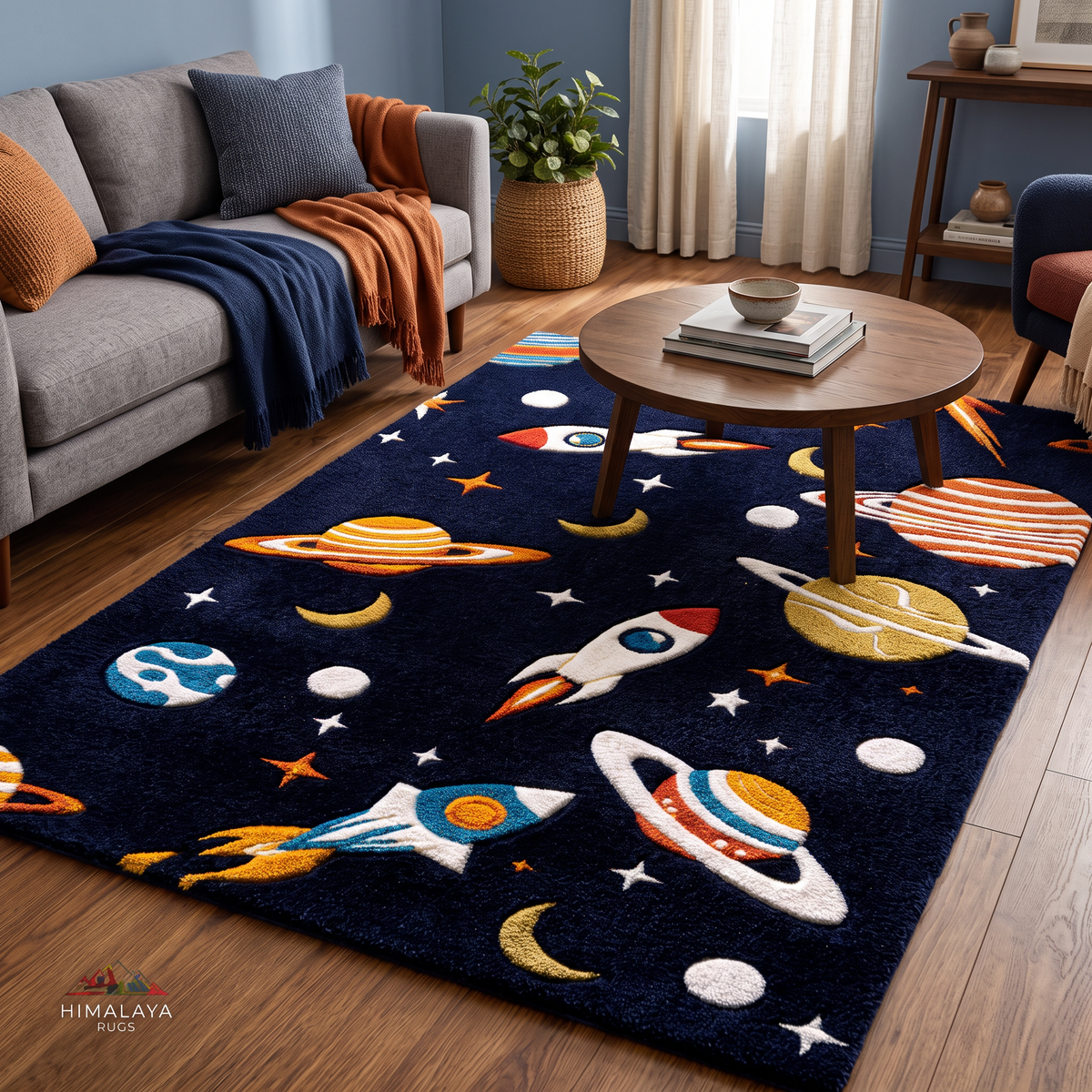 Navy Blue Space Kids Wool Celestial Hand-Tufted Rug – Space Explorer | Haus of Weaves