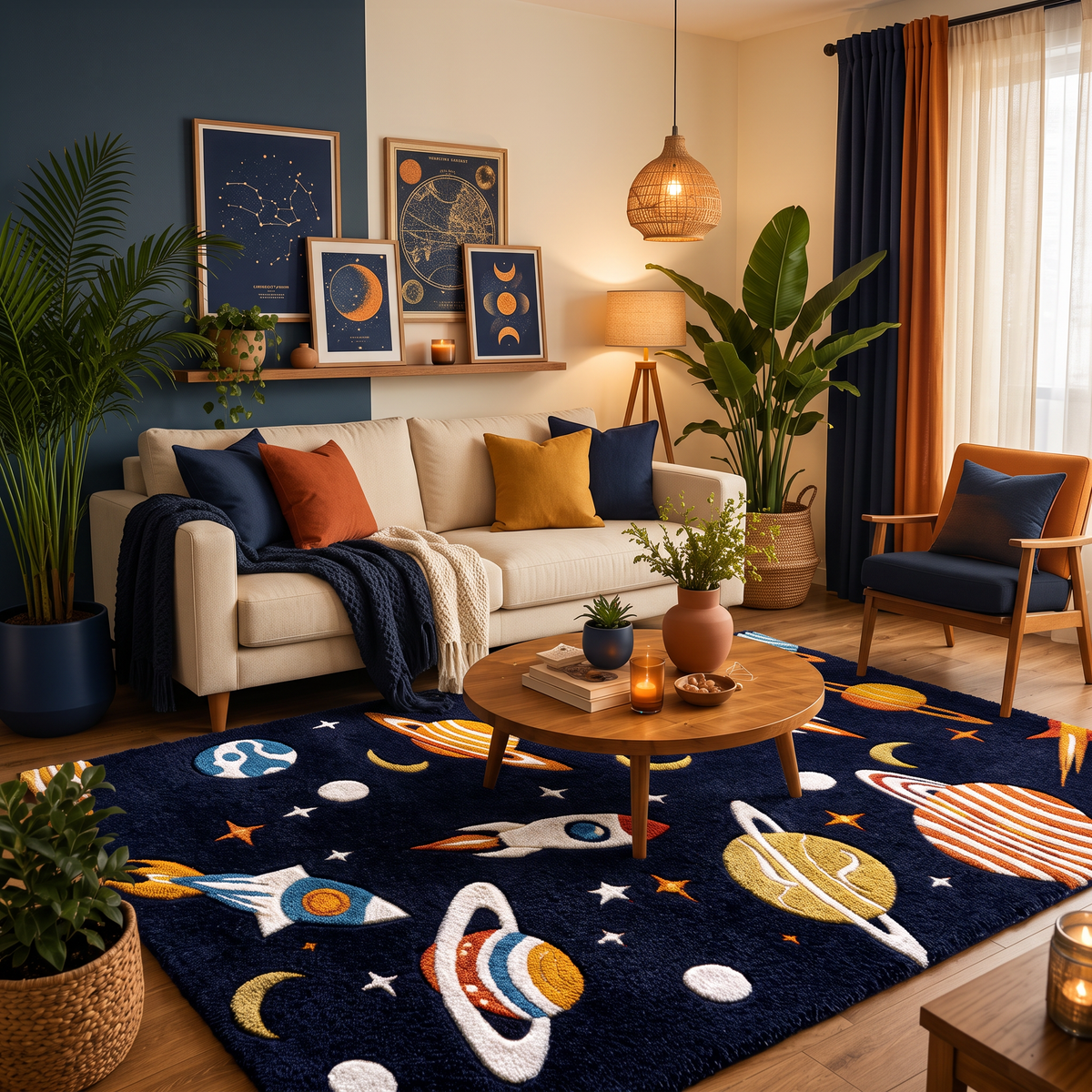 Navy Blue Space Kids Wool Celestial Hand-Tufted Rug – Space Explorer | Haus of Weaves