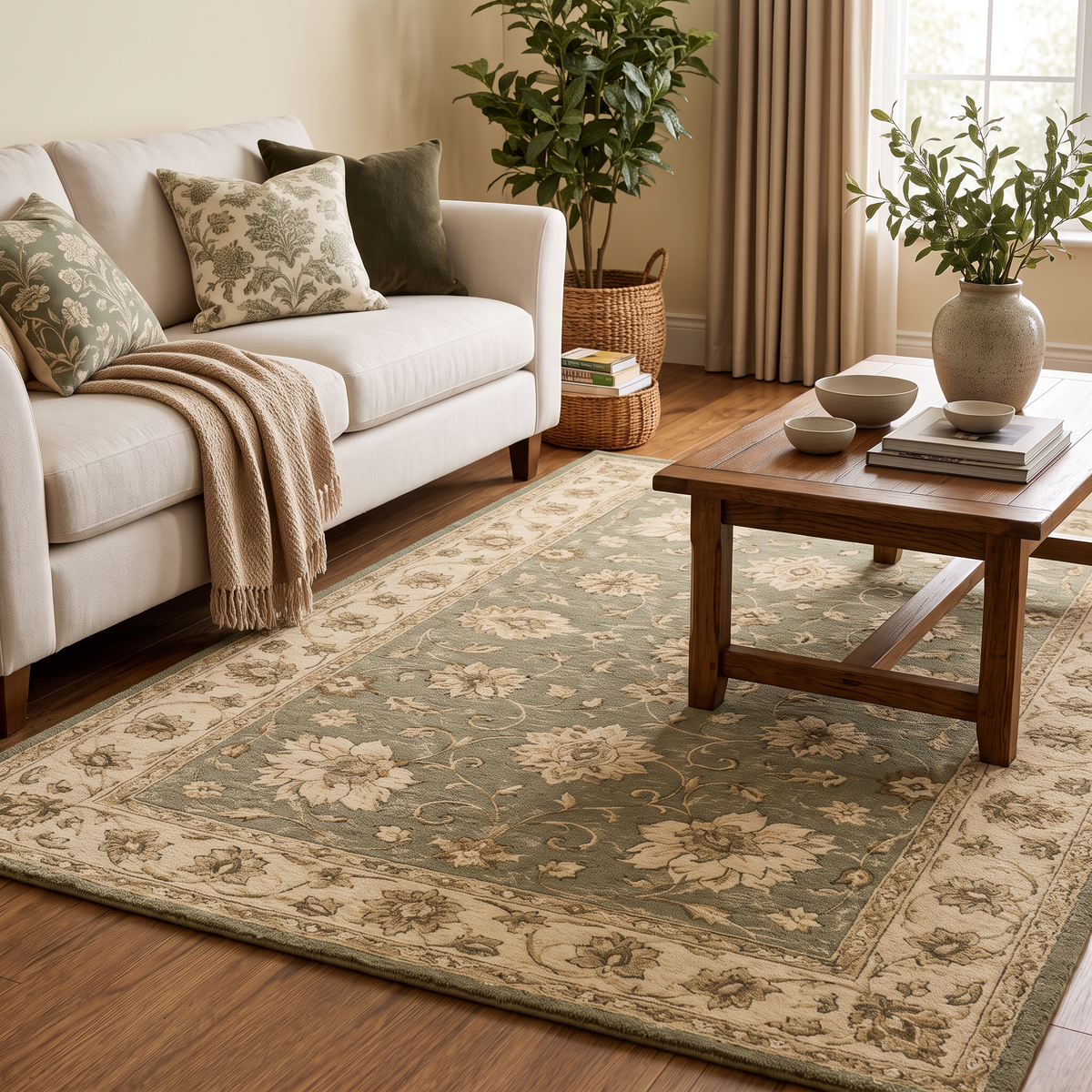 Vintage Floral - Olive Green and Beige Hand Tufted Wool Rug | Haus of Weaves