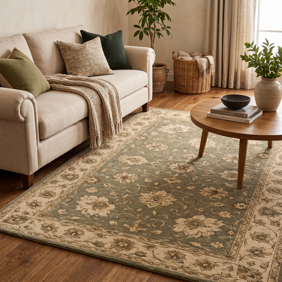 Vintage Floral - Olive Green and Beige Hand Tufted Wool Rug | Haus of Weaves