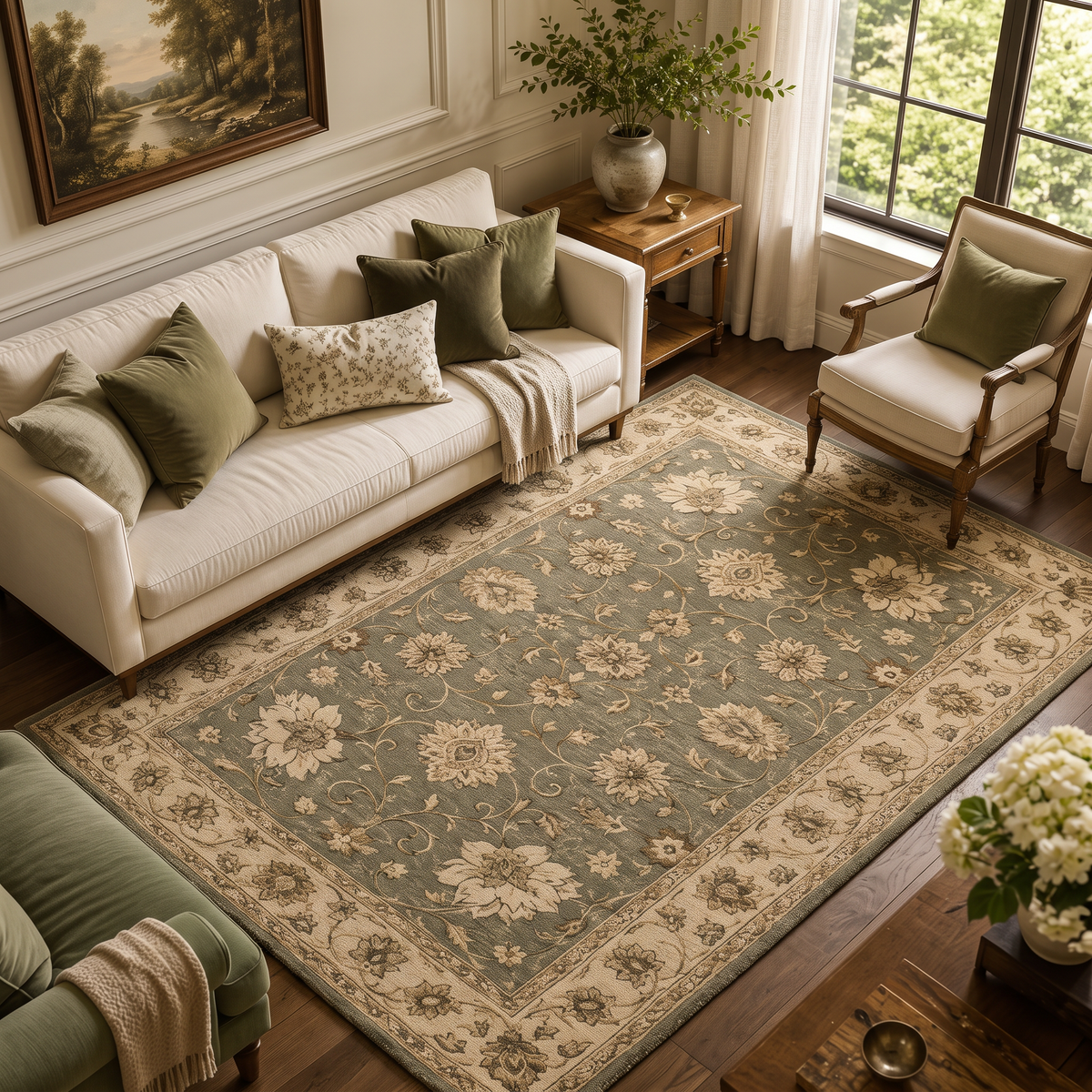 Vintage Floral - Olive Green and Beige Hand Tufted Wool Rug | Haus of Weaves